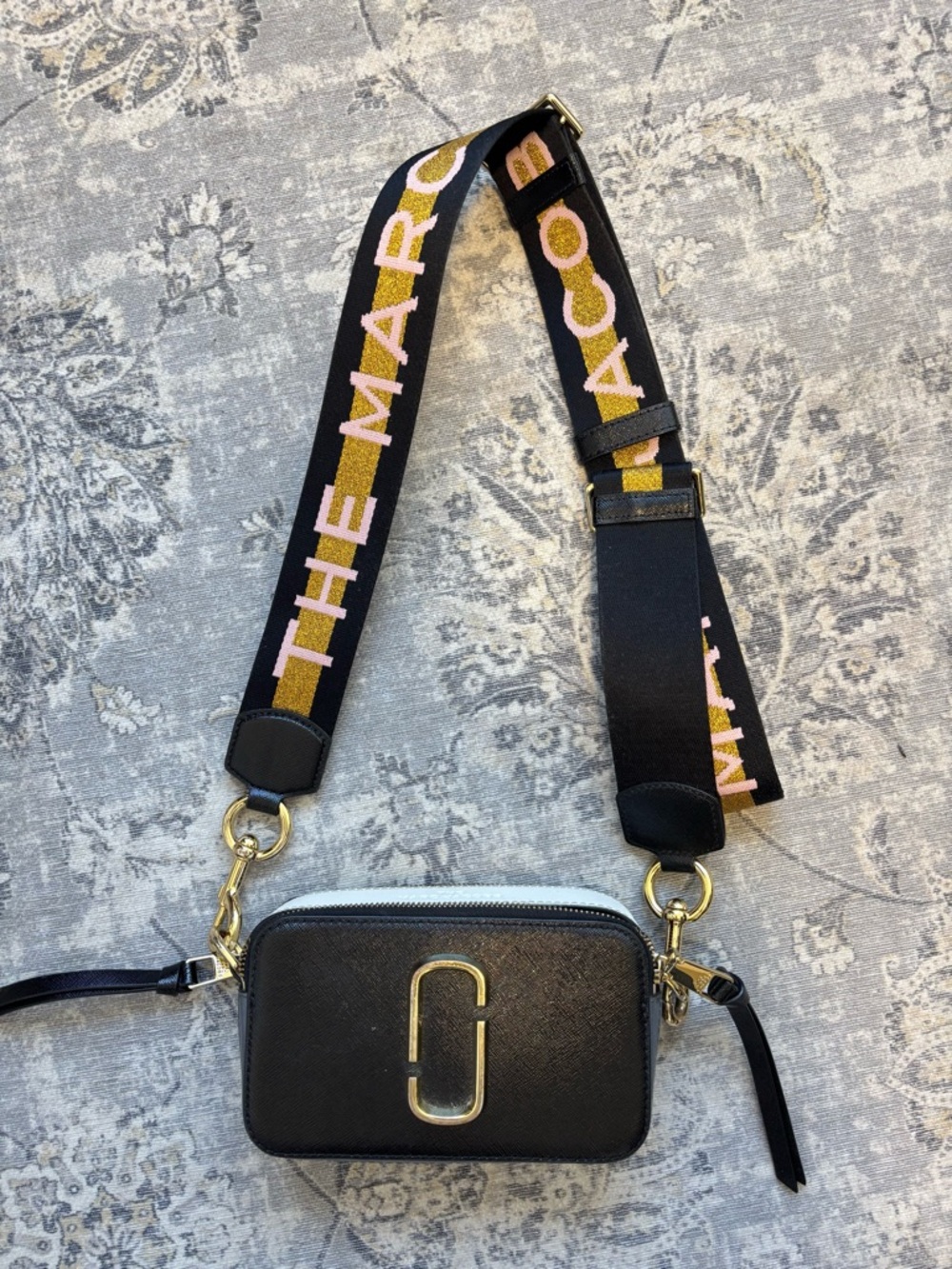 Marc Jacobs The Snapshot Black Leather Camera Crossbody Bag with Branded Strap